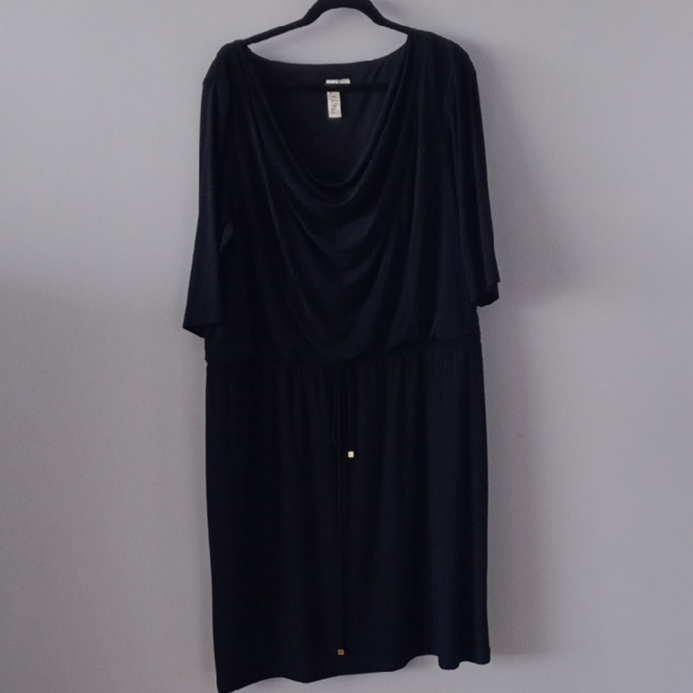 Emma & Michele Blue Midi Dress with Cowl Neck and Tie Front